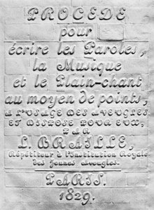 Procede om woorden, muziek en gregoriaans schrift te schrijven met behulp van punten, voor gebruik door blinden en opgesteld voor hen door Louis Braille, 1829 door French School