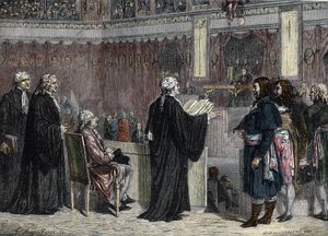 Proces van Louis XVI: verschijning van Louis XVI voor de afgevaardigden van de Nationale Conventie (kleurgravure) door French School