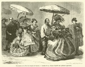Processie op het tempelfeest van Sannoo (gravure) door French School
