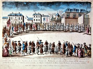 Processie in Parijs van Franse gevangenen vrijgelaten uit gevangenschap in Algerije door betaling van losgeld door French School