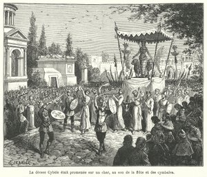 Processie van de wagen van de Romeinse godin Cybele, voorafgegaan door fluitspelers en cimbalen spelers door French School