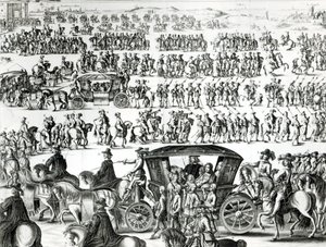 Processie van de intocht van de jonge koning Lodewijk XIV als kind in de stad Parijs op 18 augustus 1649 (detail) door French School
