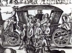 Processie van de intocht van de jonge koning Lodewijk XIV als kind in de stad Parijs op 18 augustus 1649 (detail) door French School