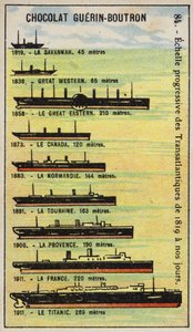 Geleidelijke toename in de grootte van trans-Atlantische schepen van 1819 tot 1911 door French School