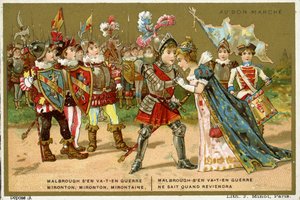 Promotiekaart voor het Parijse warenhuis Au Bon Marché, met een van de populairste volks- en kinderliedjes in de Franse taal, Marlbrough sen va-t-en guerre (Marlborough is vertrokken) door French School