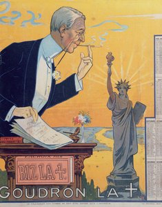 Publiciteitskalender voor de sigarettenpapierfabrikant Rizla, met president Woodrow Wilson (1856-1924) en het 15e voorstel voor de Volkenbond, 1920