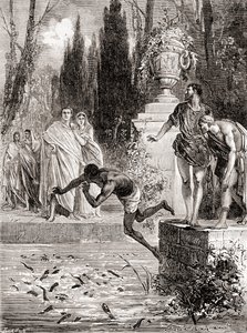Publius Vedius Pollio, Romeins ruiter, voert een slaaf aan zijn murenealen, uit Les Merveilles de la Science, gepubliceerd ca. 1870 door French School
