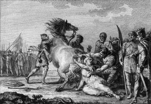 Straf van Brunehaut, 613: Brunehaut of Brunehilde (543-613), koningin van Austrasië, is vastgebonden aan de staart van een ontembaar paard voordat ze op de grond werd gesleept. Gravure uit de 18e eeuw. door French School