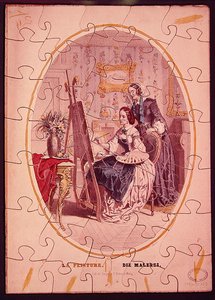 Puzzelstukken die een vrouw schilderend aan een ezel uitbeelden, ca. 1840-50 door French School