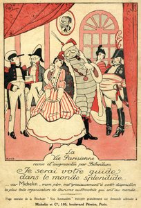 Recall 1914 voor de Michelin-band. La Vie Parisienne gerecenseerd en aangevuld door Bibendum: "Ik zal uw gids zijn in de schitterende wereld, want Michelin mijn vader geeft u de mooiste organisatie voor autotoerisme ter wereld". Aan de muur een lijst met