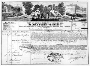 Ontvangstbewijs uitgegeven door de Compagnie du Canal du Midi voor het transport van goederen van Bordeaux naar Beziers, 1857
