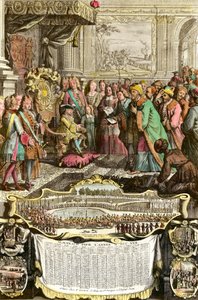 Ontvangst van Mehemet Effendi, Turkse ambassadeur van de grote Sultan Achmet door Lodewijk XV op 21 maart 1721 in de Tuileries. Gravure uit de 18e eeuw. Privécollectie door French School