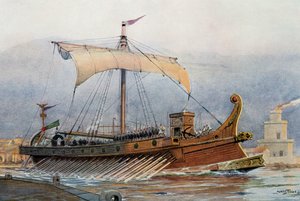 Reconstructie van Romeins schip dat de werf verlaat, aquarel, Frankrijk