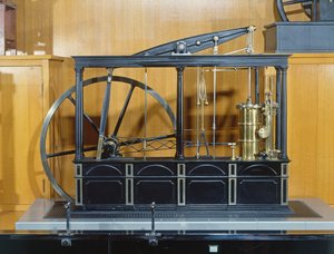Reconstructie van de stoommachine ontworpen door James Watt door French School