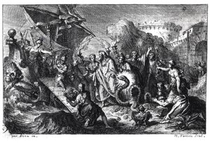 Reïncarnatie van Asclepios als een slang tijdens de komst van zijn cultus in Rome vanuit Griekenland in 293 v.Chr. door French School