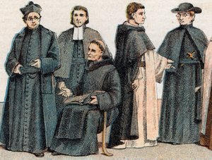 Religieuze kostuums: van links naar rechts portret van een jezuïet, een Maristenvader (Marcellin Champagnat), een benedictijner monnik, een dominicaanse monnik en een Oblaat door French School