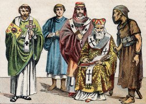 Religieuze kostuums in de Oudheid: van links naar rechts portret van een Byzantijnse diaken, een christelijke priester uit de eerste eeuw, een bisschop uit de 5e eeuw, een Byzantijnse patriarch en een kluizenaar door French School