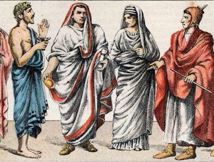 Religieuze kostuums in de Oudheid: van links naar rechts portret van een Griekse priester, offerpriester, een Hogepriester in het oude Rome (Pontifex maximus), een Vestaalse maagd, een priesteres van het oude Rome en een Romeinse priester (flamen) gewijd a door French School
