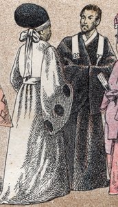 Religieuze kostuums in Azië: twee shinto-priesters uit Japan - Gravure door French School