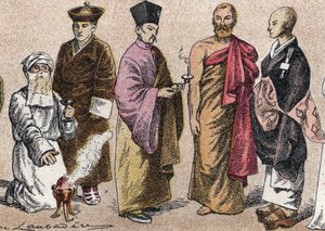 Religieuze kostuums van Azië: portret van een Parsi priester, Lama, Chinese boeddhistische priester, Ceylon bonze en Japanse boeddhistische priester - Gravure door French School