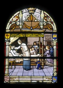 René de Neval, luitenant van de koning en kolonel van de achterhoede in Laag-Bretagne, stierf op 13/04/1676, vol verdienste en deugden in zijn kasteel van Neval, betreurd door zijn vazallen - glas-in-loodramen van de kerk St Germain in Kerlaz door French School