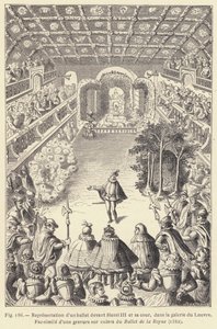 Voorstelling van een ballet voor Hendrik III en zijn hof, in de galerij van het Louvre door French School