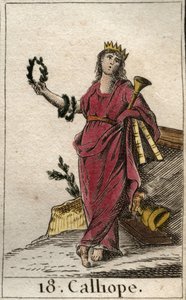 Voorstelling van Calliope, muze van de epische poëzie, ze houdt een kroon en de trompet van de heldendicht in haar hand. Uit 