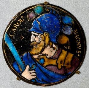 Voorstelling van Karel de Grote (742 - 814), koning van Frankrijk. Medaillon in email uit Limoges uit de 16e eeuw