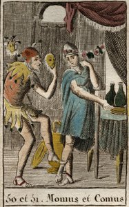 Voorstelling van Comus, god van fijnproevers en keuken, hij presideert feesten, leunt op een staak met een fakkel en Momos, personificatie van spot en sarcasme, hij wordt afgebeeld als een hofnar. Uit 