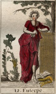 Afbeelding van Euterpe, muze van de muziek, omringd door muziekboeken en spelend op een dubbele fluit (aulos). Uit 