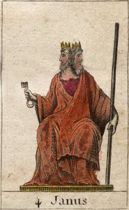 Voorstelling van Janus, god van het begin en doorgangen, afgebeeld met twee gezichten. Uit 