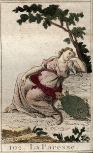 Voorstelling van Luiheid, dochter van de Nacht en Slaap, als een jonge man met een schildpad. Uit 