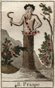 Voorstelling van Priapus, god van de vruchtbaarheid, vaak afgebeeld met een permanent erecte penis, met een sikkel in zijn hand. Uit 
