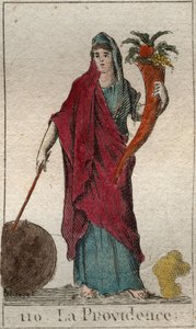 Afbeelding van Voorzienigheid, als een oude vrouw, met een hoorn des overvloeds, een stok en een wereldbol. Uit 