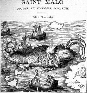 Voorstelling van Saint Malo (Saint Maclou) op de rug van een walvis, afgebeeld op de manier van Saint Brendan (Brandan) door Clonfert of Breanainn door Clonfert (ca. 484-577/578) - gravure