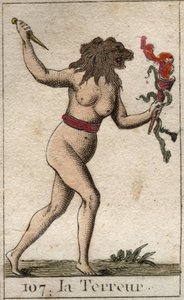 Voorstelling van Angst, als een vrouw met een leeuwenkop, die een mes en slangen vasthoudt. Uit 