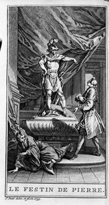 Weergave van een scène uit het stuk "Dom juan ou le festin de Pierre" (1665) door Jean Baptiste Poquelin, bekend als Molière (1622-1673). Gravure uit 1739. door French School