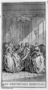 Weergave van een scène uit het stuk "Les précieuses ridicules" (1659) door Jean Baptiste Poquelin, bekend als Molière (1622-1673). Gravure uit 1738. door French School