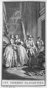 Weergave van een scène uit het stuk "Les femmes savantes" (1672) door Jean Baptiste Poquelin, bekend als Molière (1622-1673). Gravure uit 1740.