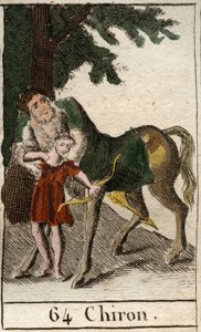 Afbeelding van centaur Chiron, half mens half paard, meester in boogschieten, hij leert deze kunst aan Achilles. Uit “Mythologie de la jeunesse” door Pierre Blanchard 1803.