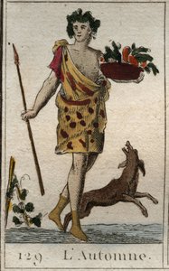 Voorstelling van het herfstseizoen als Vertumnus die een mand met fruit vasthoudt, met een hond. Uit 