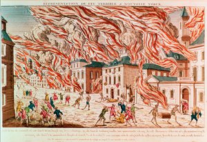 Voorstelling van de verschrikkelijke brand van New York in 1776 (ingekleurde gravure)