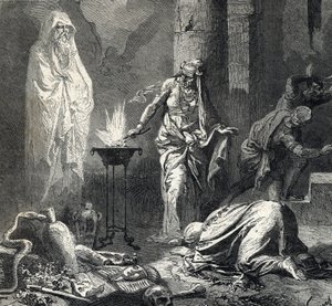 Voorstelling van de Heks van Endor (of Pythonisse van Endor), een Kanaänitisch dorp genoemd in het eerste boek van Samuel (Bijbel) die een talisman heeft waarmee ze de geest van de recent overleden profeet Samuel oproept, op verzoek van Saul, koning van Is door French School