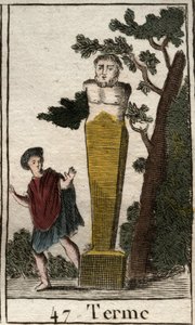 Afbeelding van de god Terme, in de vorm van een grenssteen, om bezittingen en land te markeren. Uit 