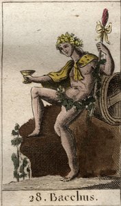 Afbeelding van de god van wijn en oogst Bacchus, met een beker in zijn hand. Uit “Mythologie de la jeunesse” door Pierre Blanchard 1803. door French School