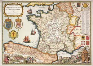 Reproductie van de kaart van de routes van St. Jacob van Compostel, oorspronkelijk gegraveerd door D.Serveaux 1648