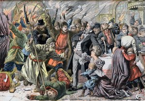 Revolutie van 1905 - Opstandige Russische boeren vallen een landhuis binnen. Jacquerie in de Russische provincies. Invasie van een kasteel door Russische boerenopstanden. Illustratie voor Le petit Journal, 2 april 1905. door French School