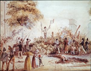 Revolutie van juli in Parijs - Barricade op Boulevard Saint Martin op 1 augustus (aquarel, ca. 1830) door French School