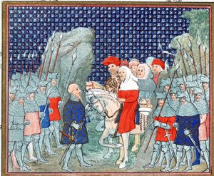 Richard II verraden bij Penmaur Rhos en gevangen genomen door de hertog van Northumberland, facsimile kopie uit Le Prinse et Mort du Roy Richart door Jean Creton, herdrukt 19e eeuw