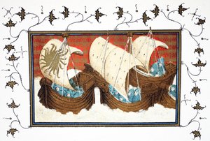 Richard II en zijn vloot landen in Milford Haven, facsimile kopie uit Le Prinse et Mort du Roy Richart door Jean Creton, herdrukt 19e eeuw